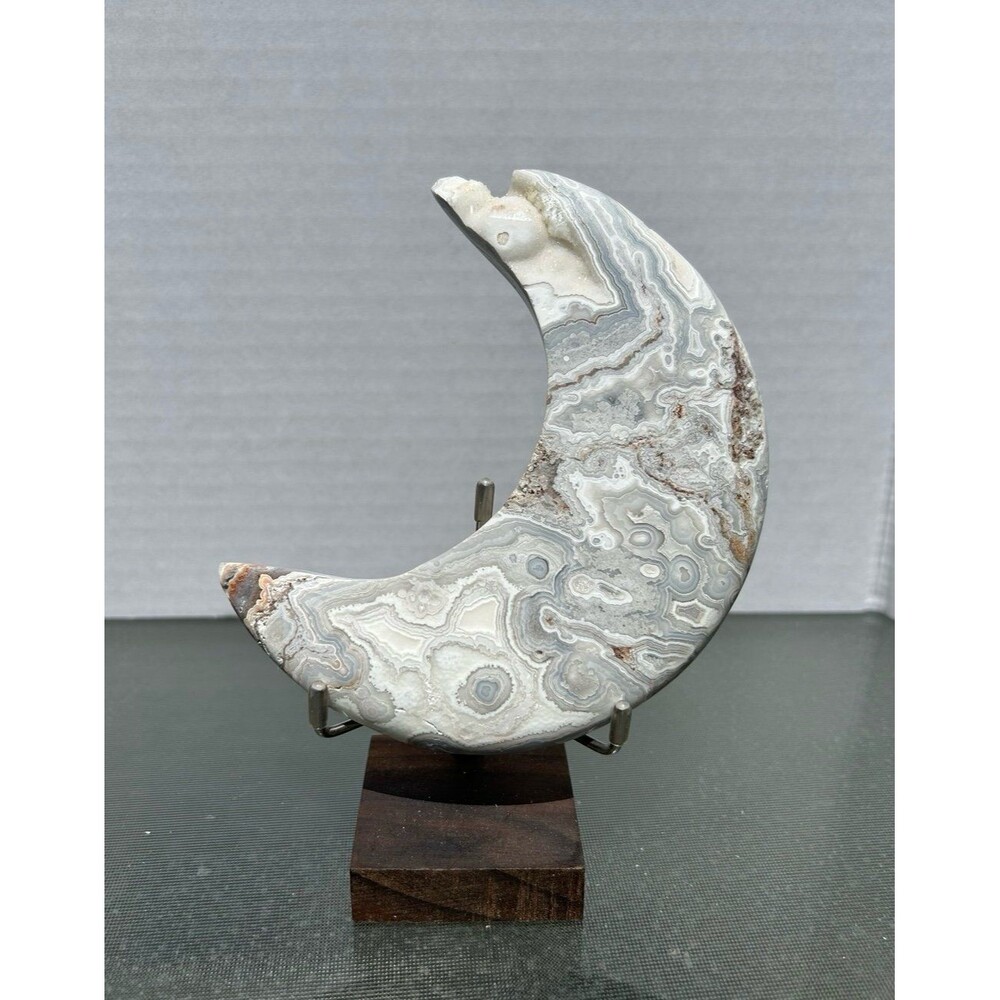Gorgeous Crazy Lace Agate Crystal Moon with Snow Druzy over 5” tall